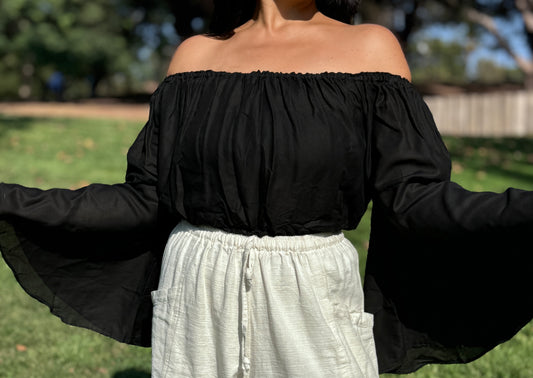 Solid Black Off Shoulder with Flowy Sleeves Crop Top