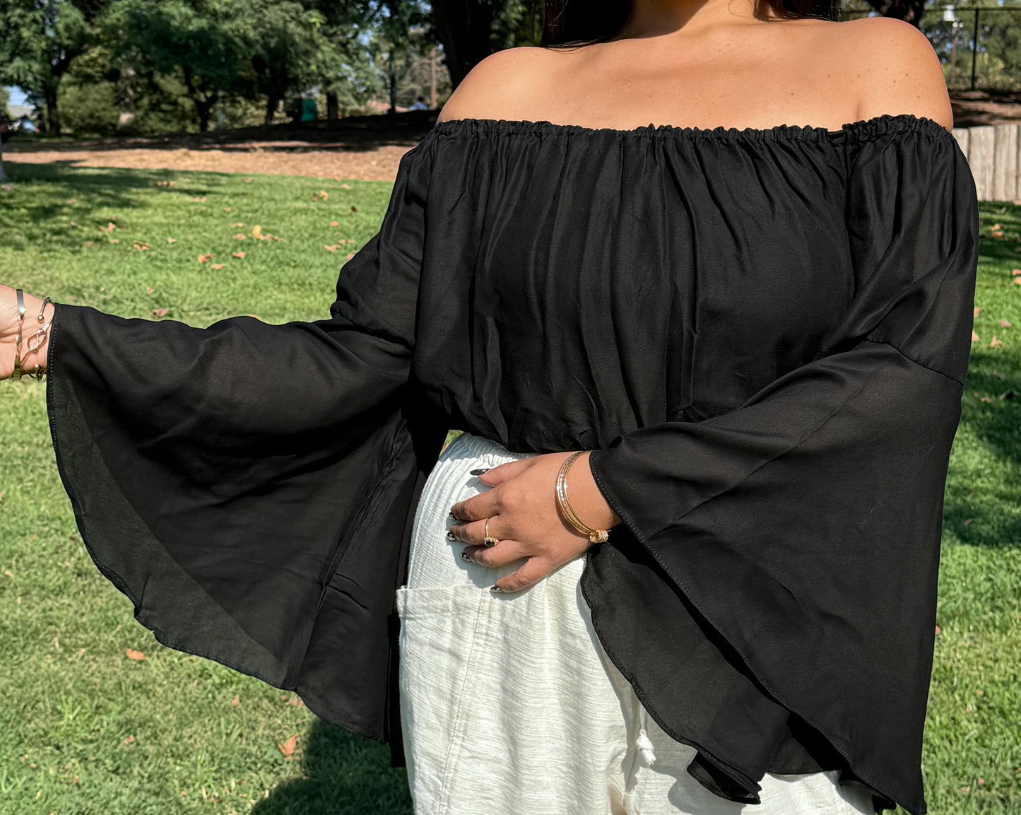 Solid Black Off Shoulder with Flowy Sleeves Crop Top