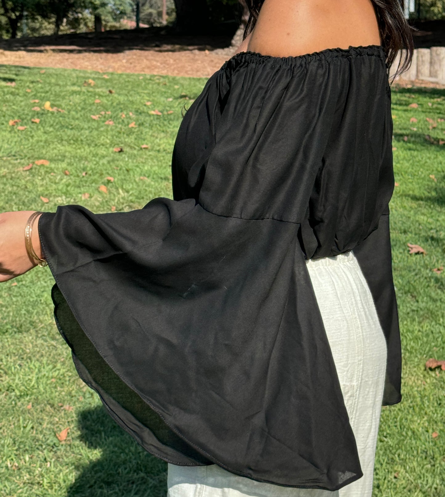 Solid Black Off Shoulder with Flowy Sleeves Crop Top