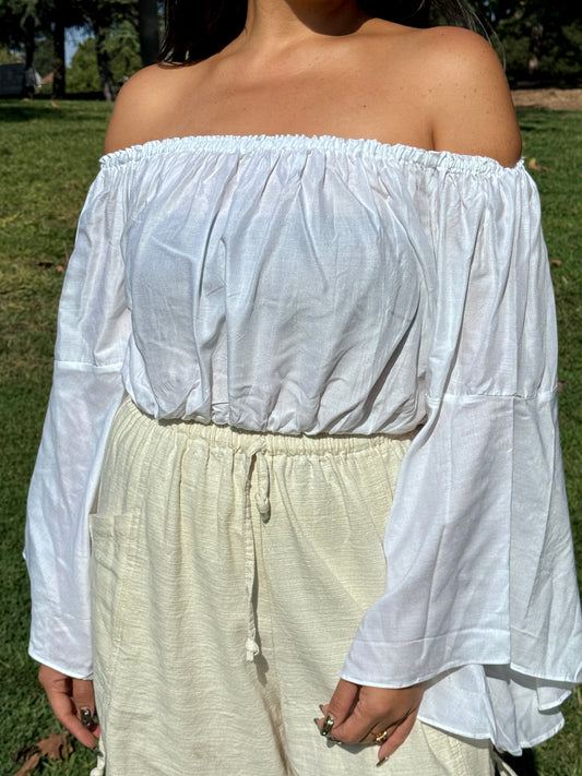 Solid White Off Shoulder with Flowy Sleeves Crop Top