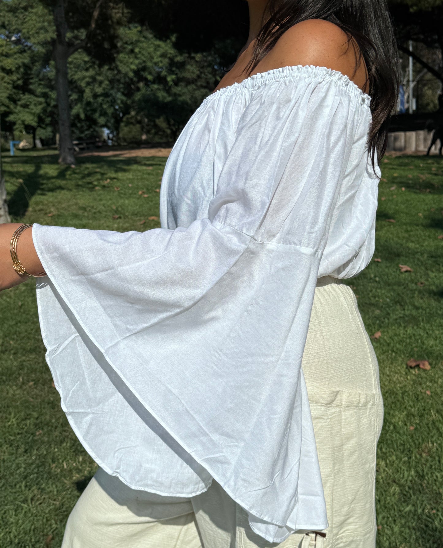 Solid White Off Shoulder with Flowy Sleeves Crop Top
