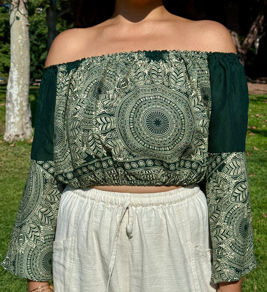 Dark Green Abundant Off Shoulder with Flowy Sleeves Crop Top