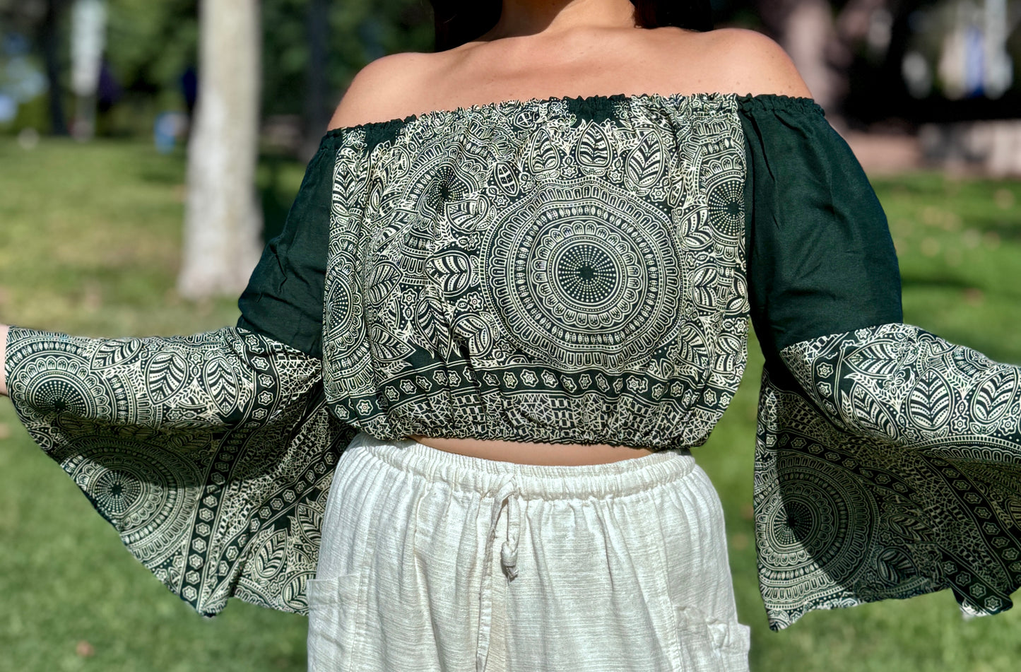 Dark Green Abundant Off Shoulder with Flowy Sleeves Crop Top