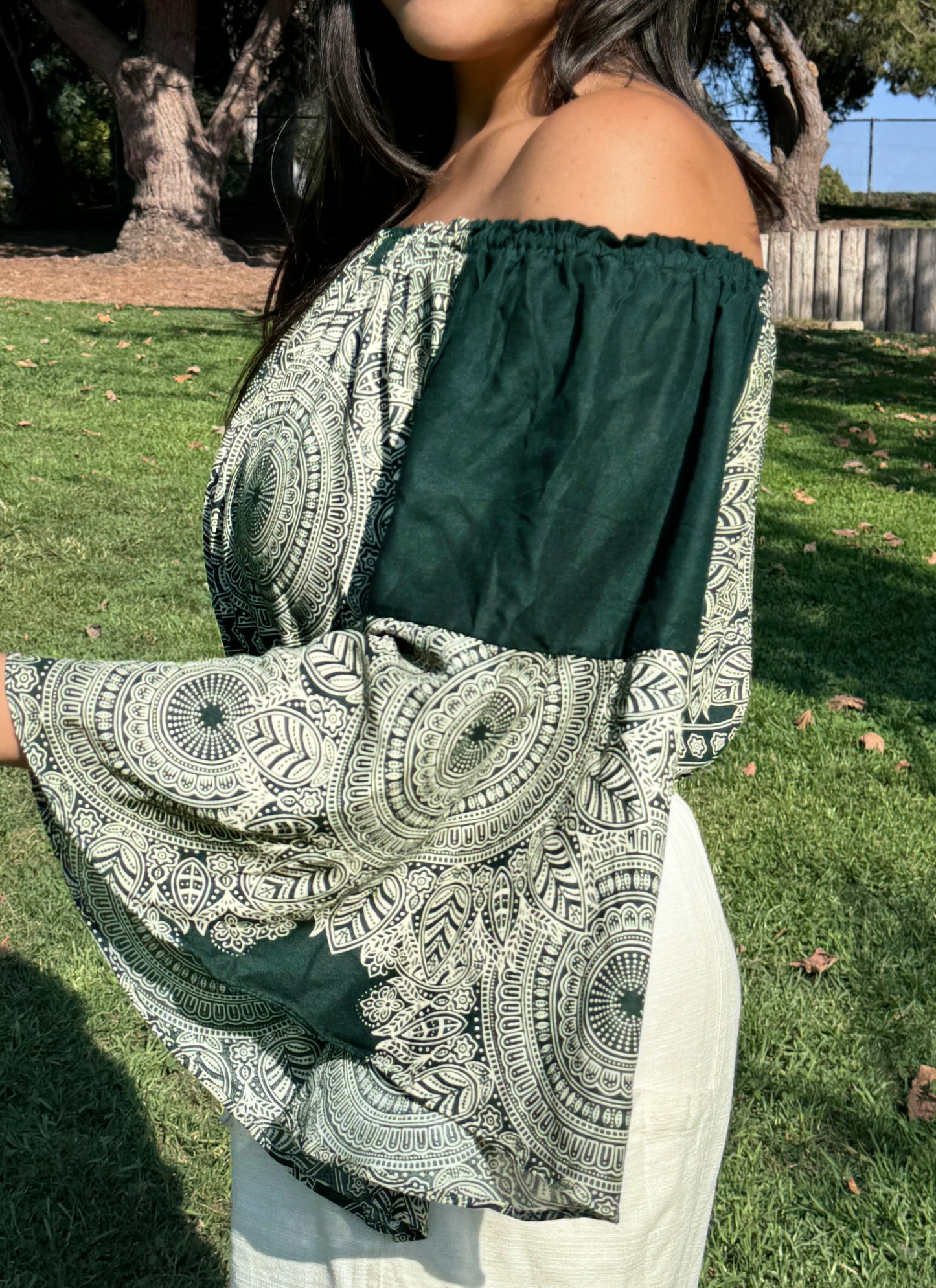 Dark Green Abundant Off Shoulder with Flowy Sleeves Crop Top