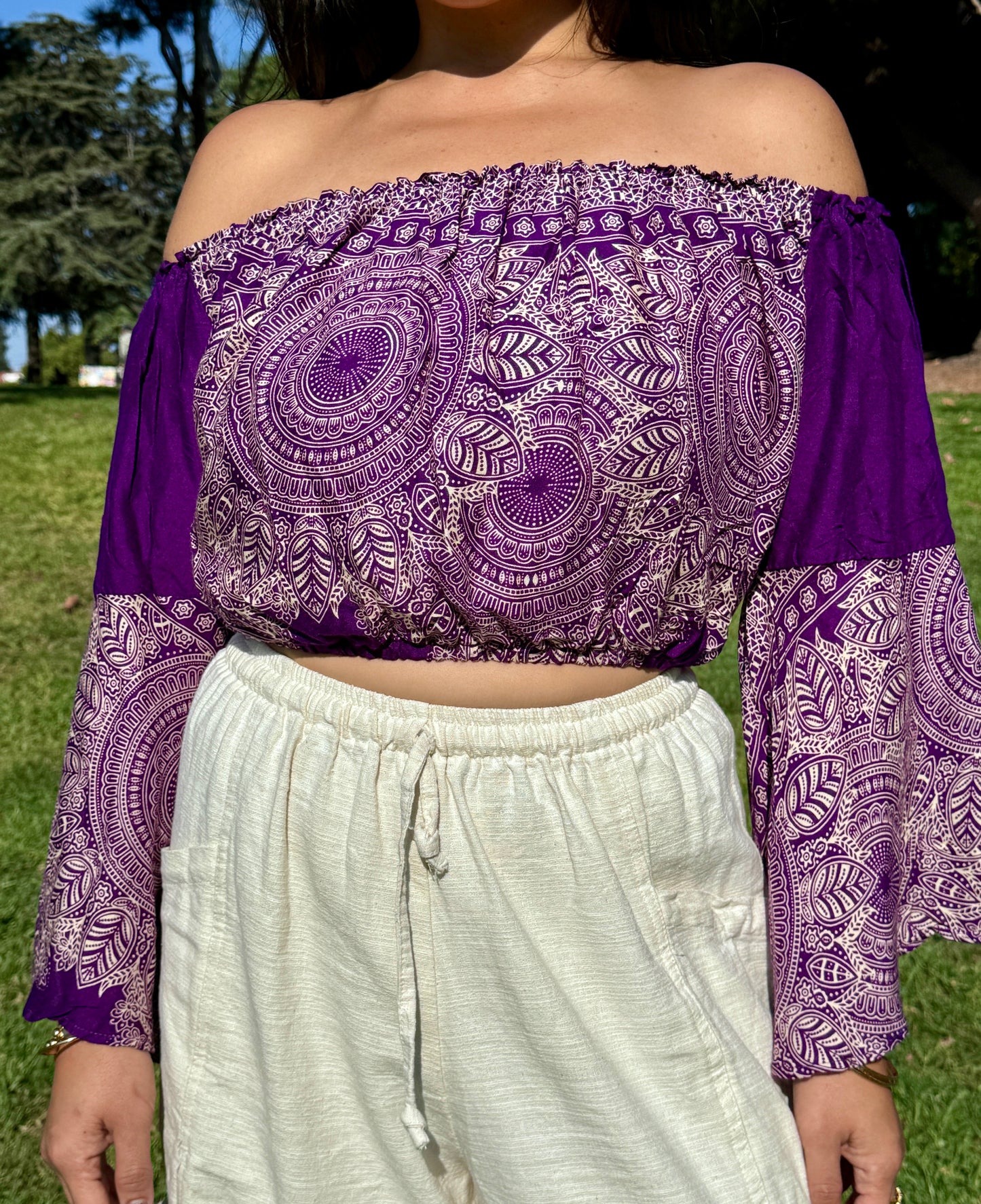 Purple Abundant Off Shoulder with Flowy Sleeves Crop Top