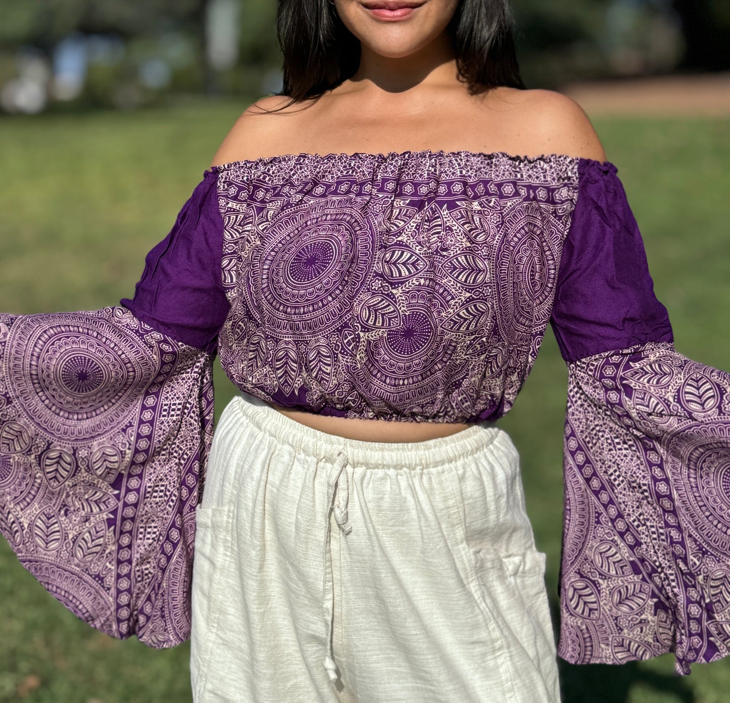Purple Abundant Off Shoulder with Flowy Sleeves Crop Top