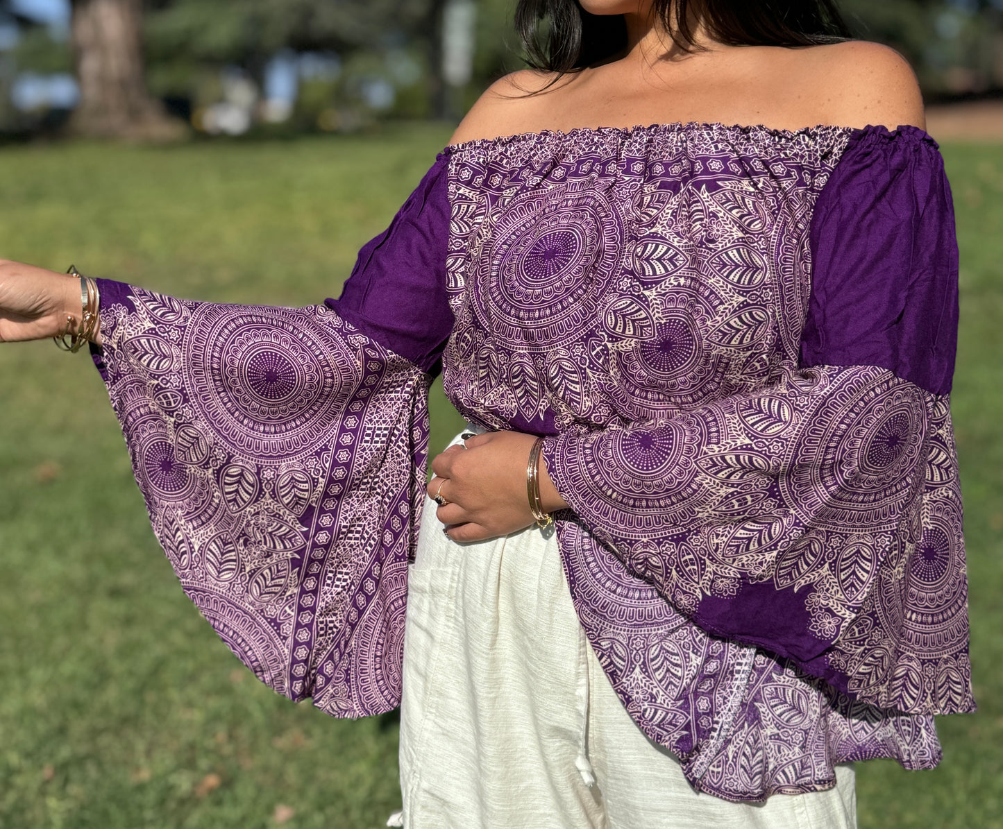 Purple Abundant Off Shoulder with Flowy Sleeves Crop Top