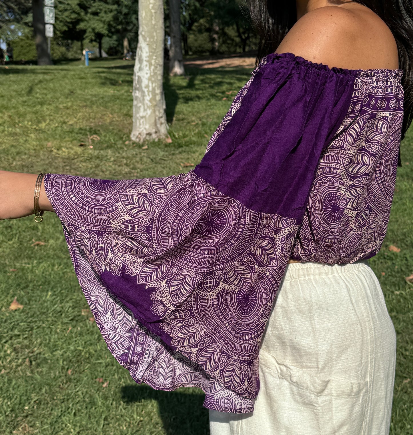 Purple Abundant Off Shoulder with Flowy Sleeves Crop Top