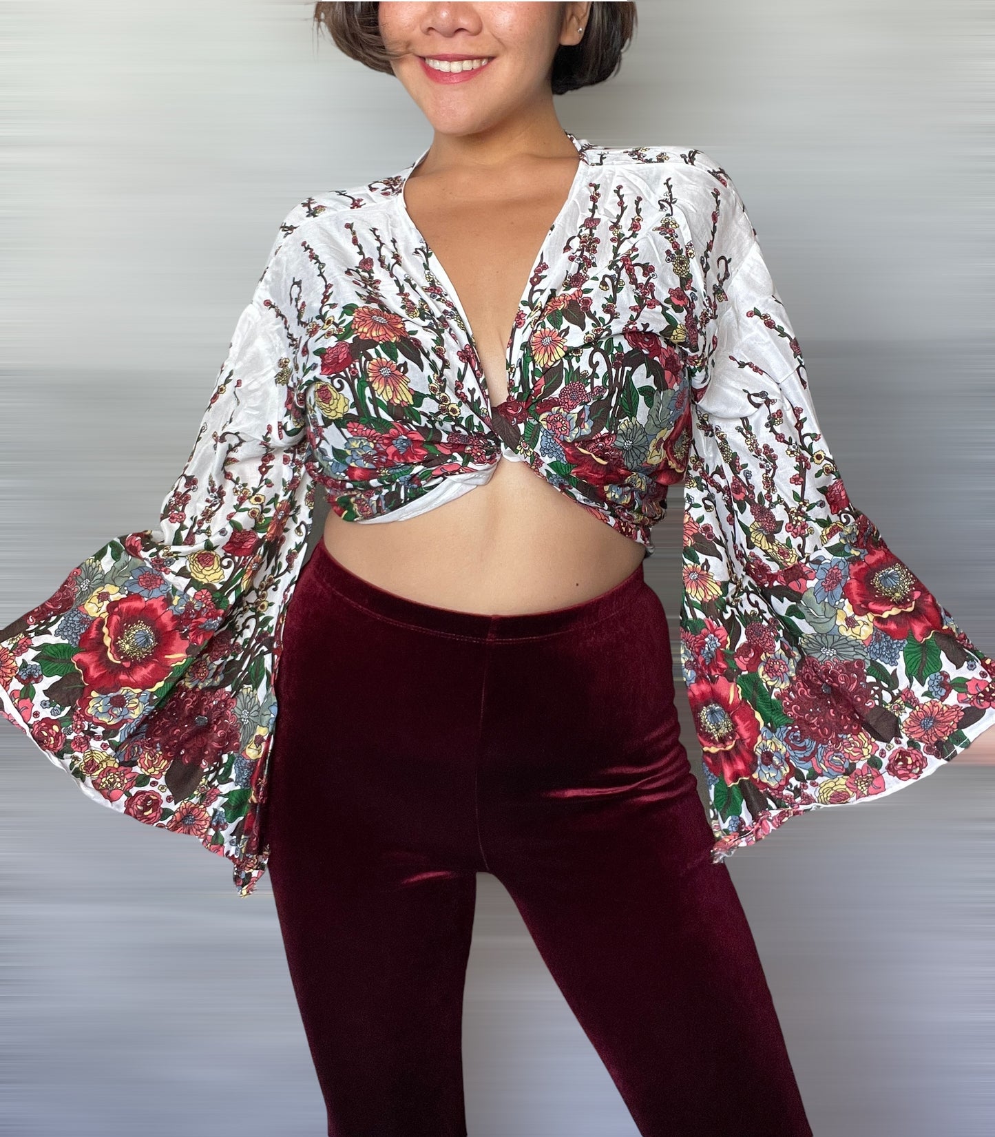 Floral in White Wrap Tops With Flowy Sleeves