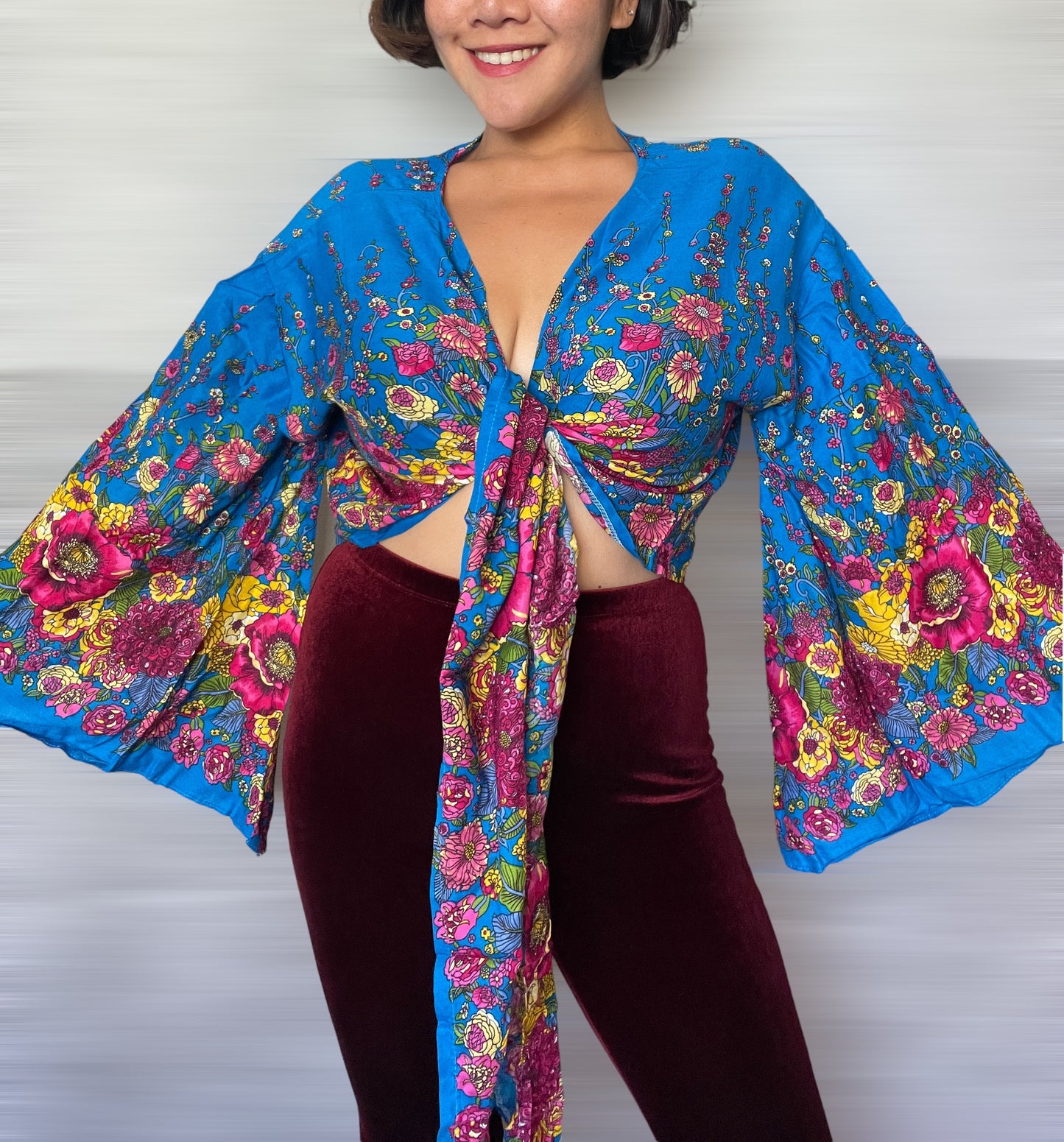 Floral in Blue Wrap Tops With Flowy Sleeves