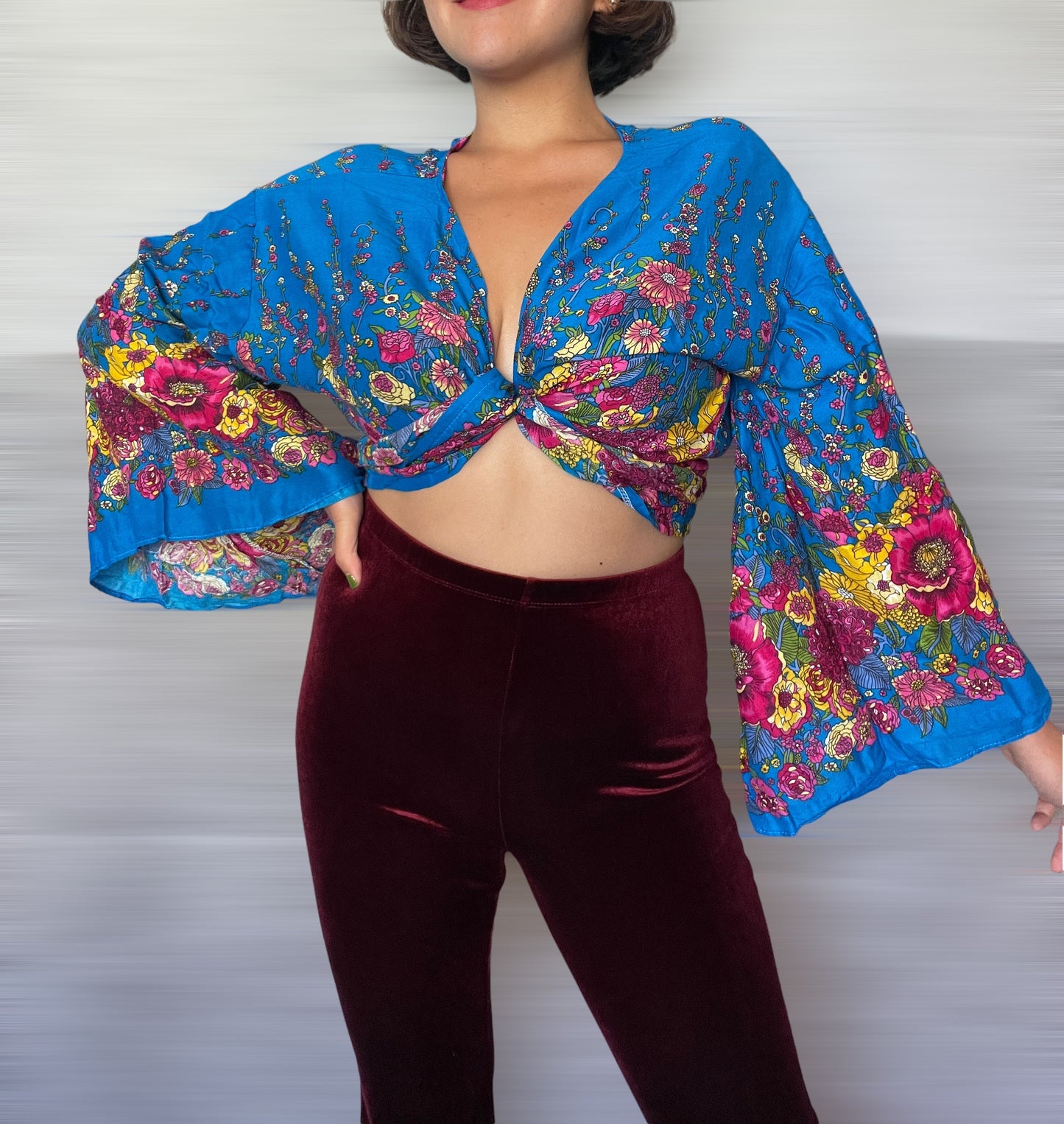 Floral in Blue Wrap Tops With Flowy Sleeves
