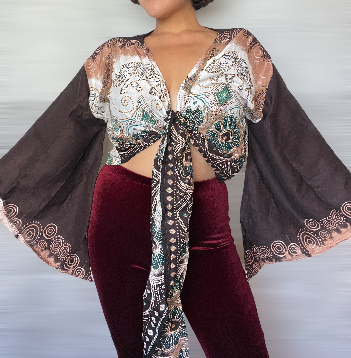 Brown Elephants Wrap Tops With Flowy Sleeves