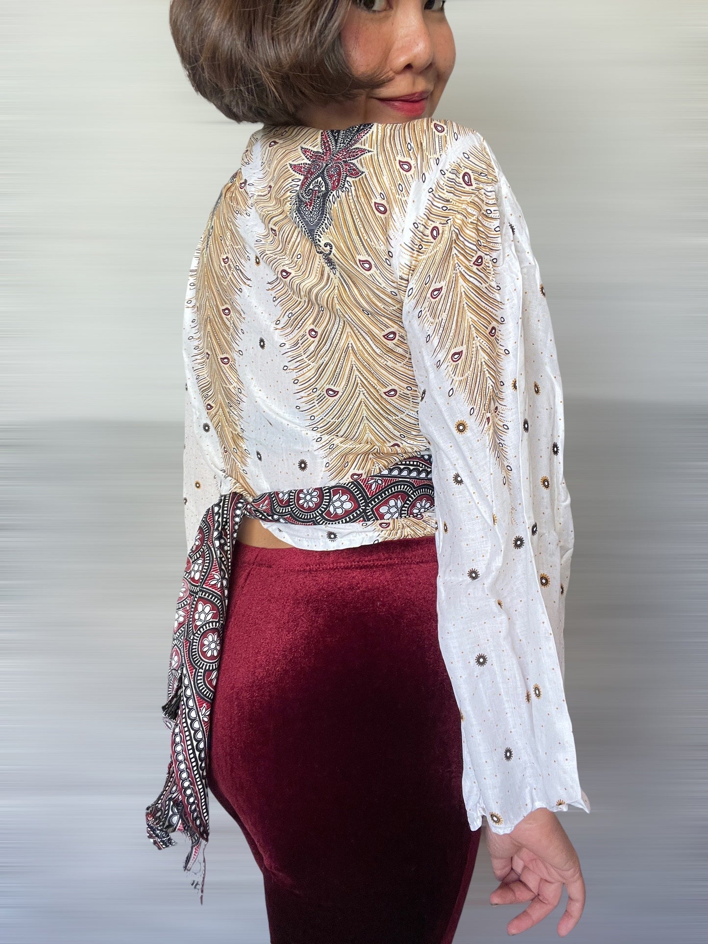 White and Gold Peacock Wrap Tops With Flowy Sleeves