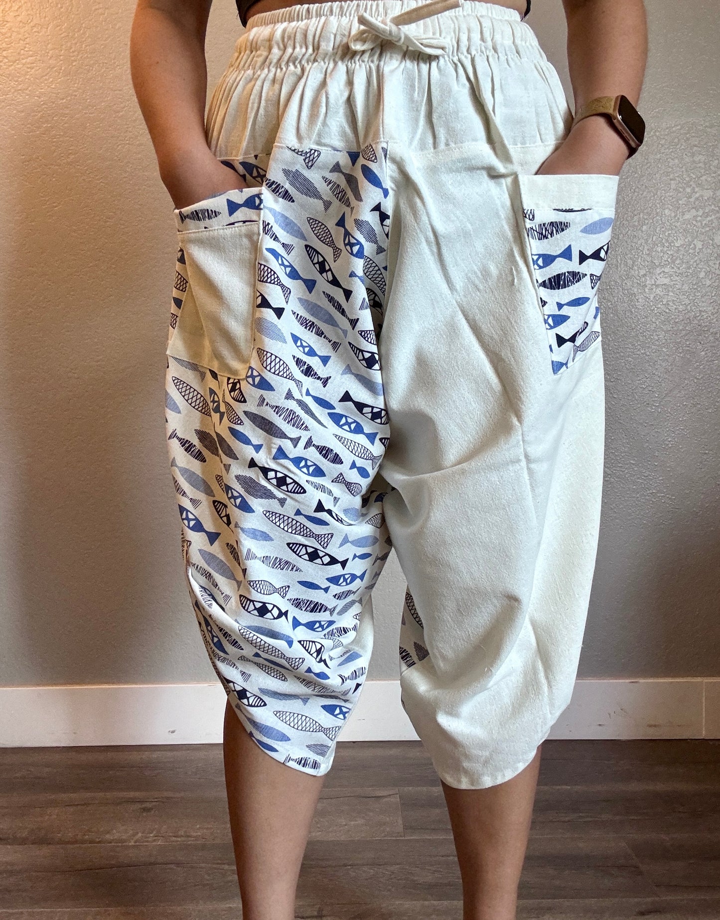 Unisex Cotton Shorts - White and Blue Fish