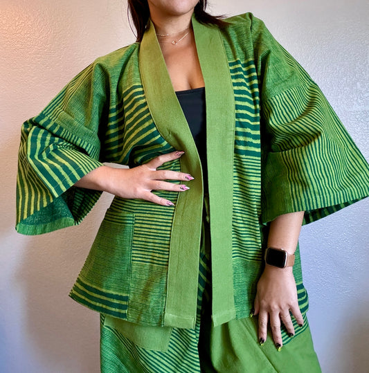 Unisex Cotton Kimono - Green Stripes