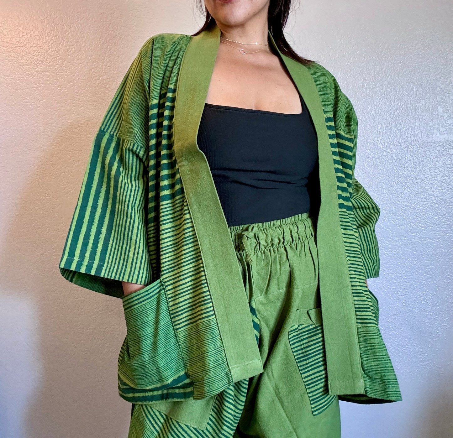 Unisex Cotton Kimono - Green Stripes