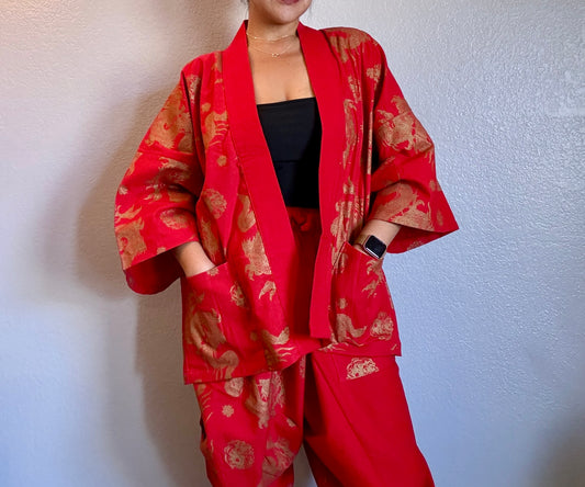 Unisex Cotton Kimono - Red and Gold Dragon