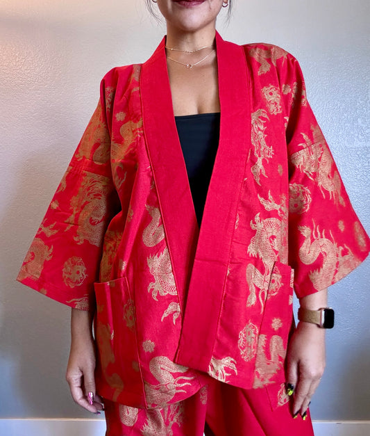 Unisex Cotton Kimono - Red and Gold Dragon