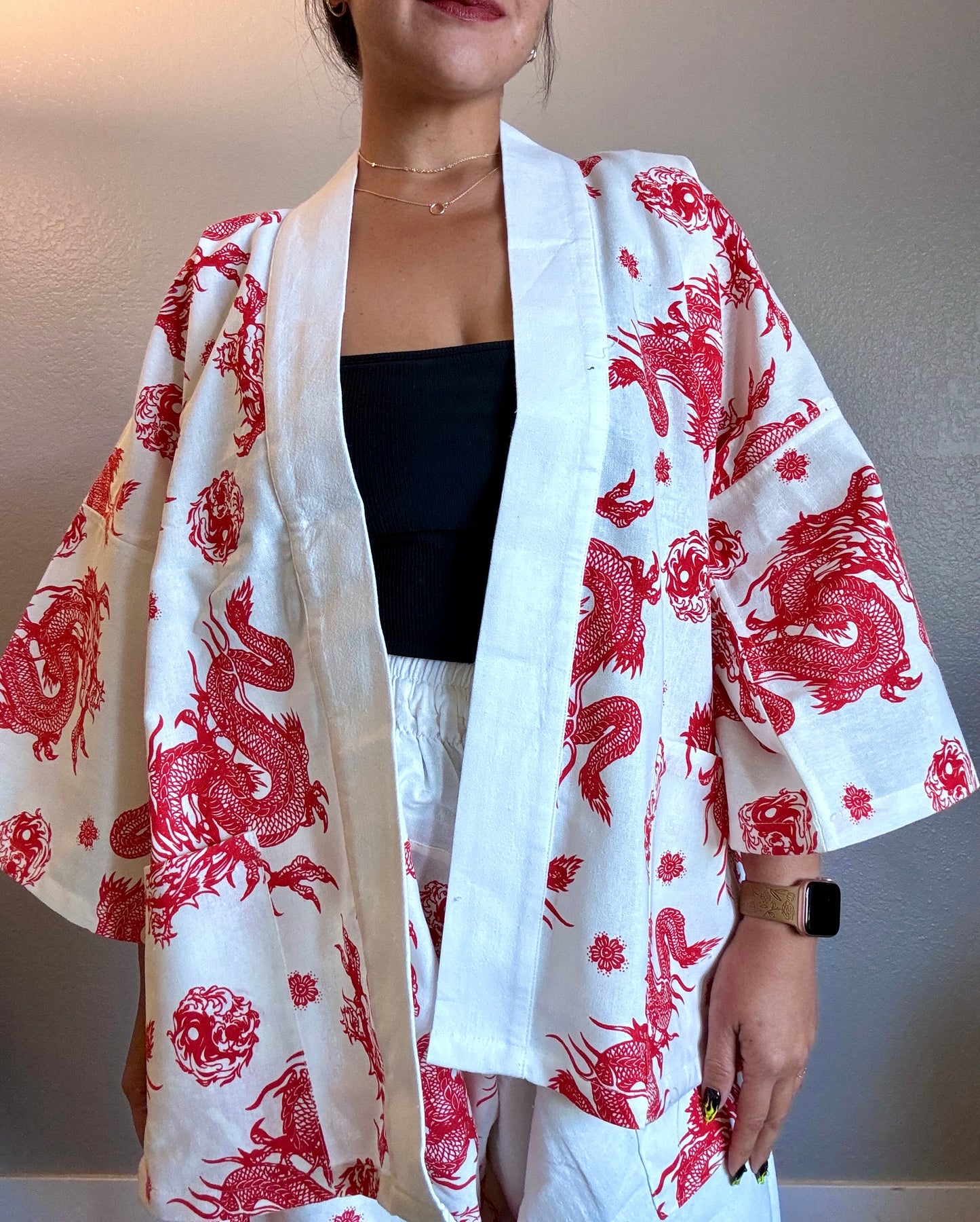 Unisex Cotton Kimono - Red and White Dragon