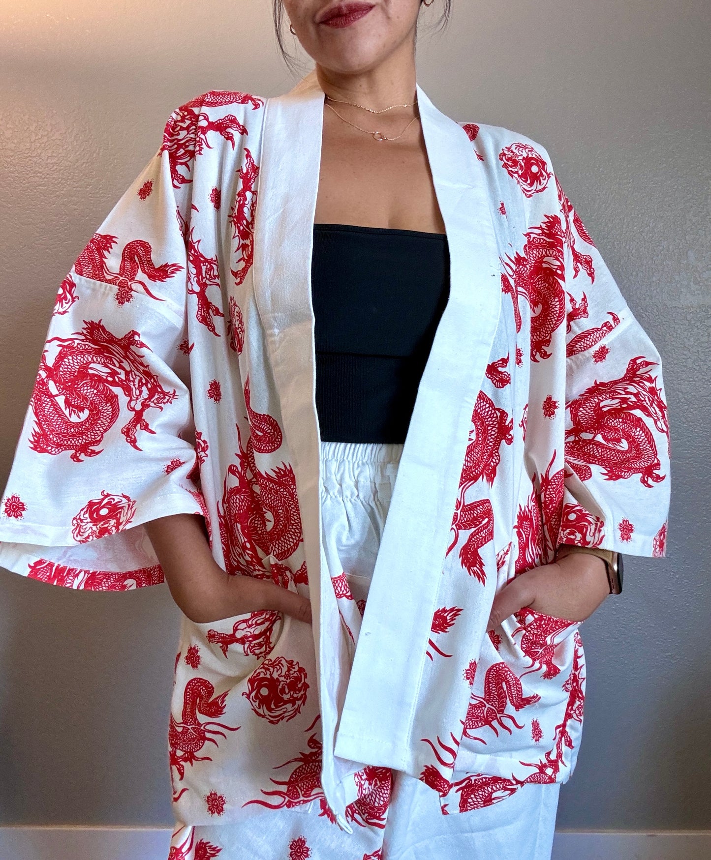 Unisex Cotton Kimono - Red and White Dragon