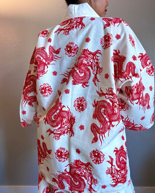 Unisex Cotton Kimono - Red and White Dragon