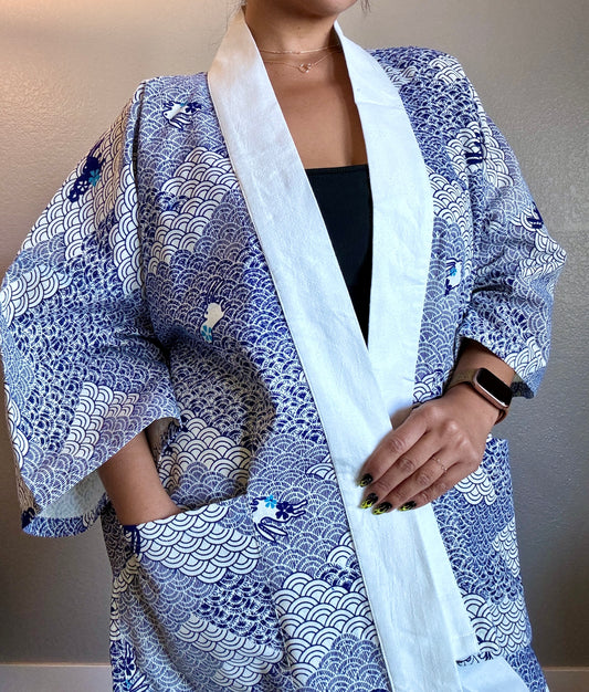 Unisex Cotton Kimono - White and Blue Bunny