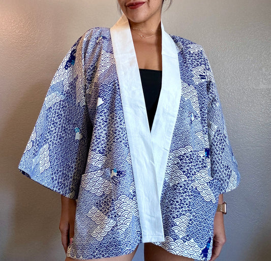 Unisex Cotton Kimono - White and Blue Bunny