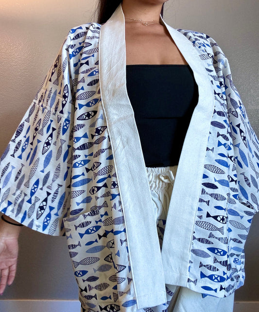 Unisex Cotton Kimono - White and Blue Fish