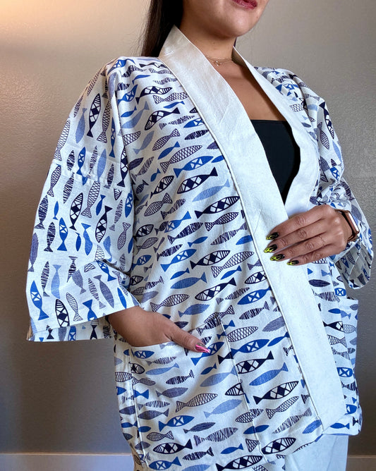 Unisex Cotton Kimono - White and Blue Fish