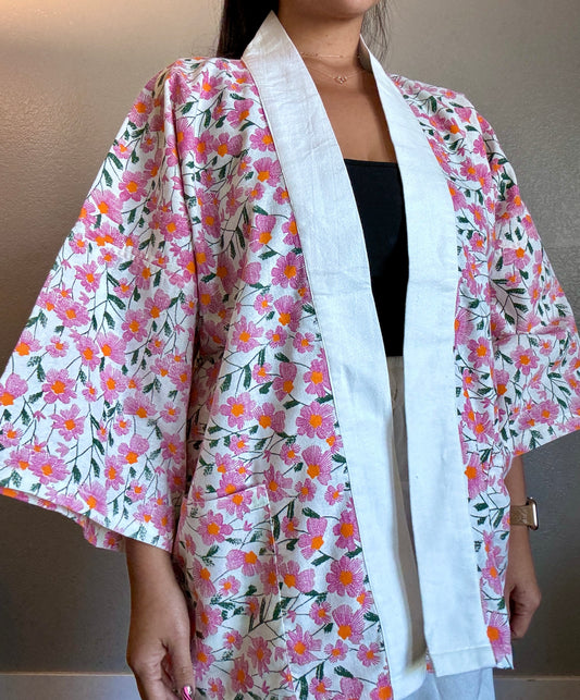 Unisex Cotton Kimono - White and Pink Blossoms