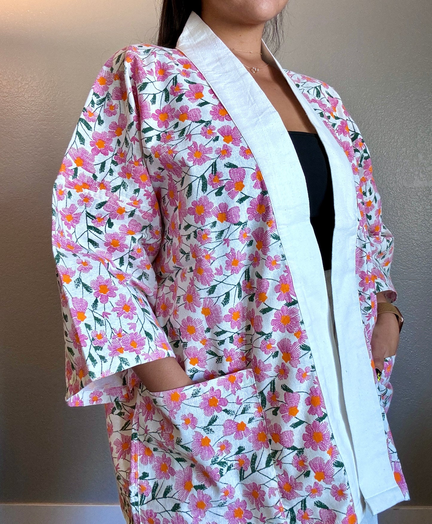 Unisex Cotton Kimono - White and Pink Blossoms