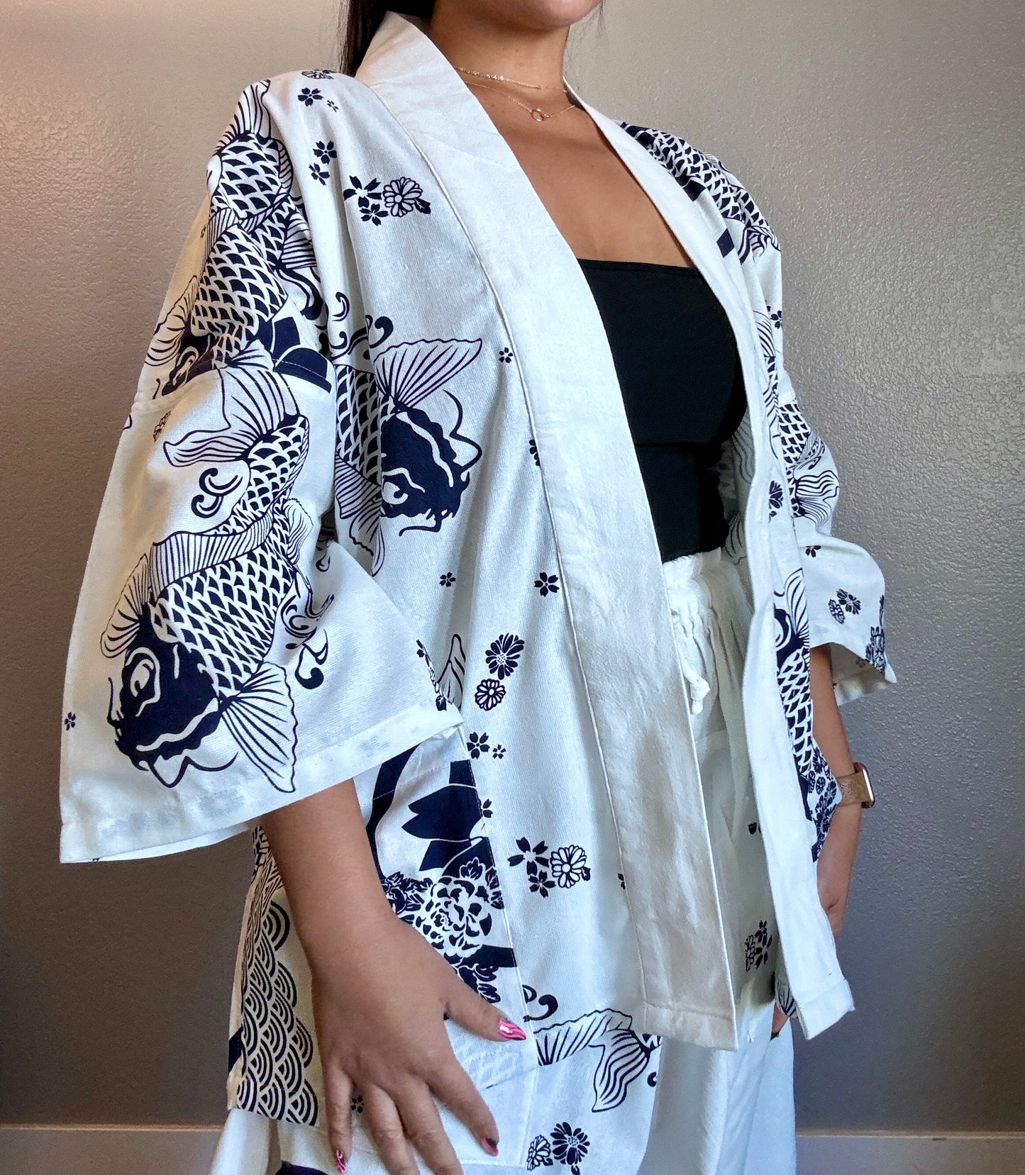 Unisex Cotton Kimono - White and Blue Koi