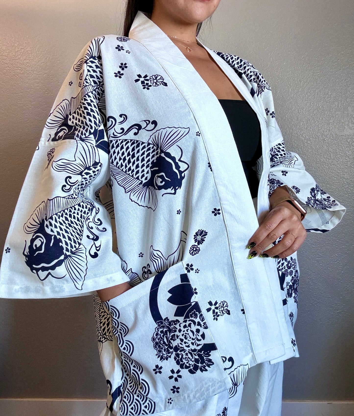 Unisex Cotton Kimono - White and Blue Koi