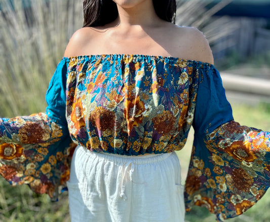 Teal Merry Off Shoulder with Flowy Sleeves Crop Top