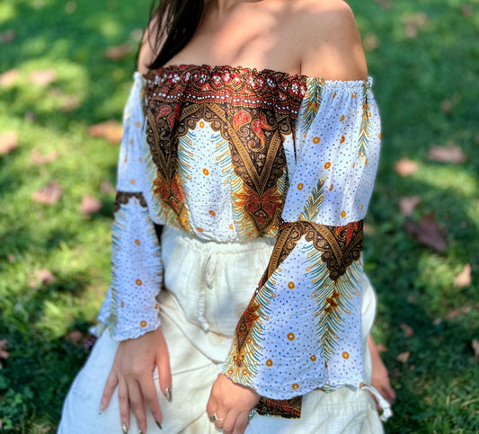 White Freedom Off Shoulder with Flowy Sleeves Crop Top