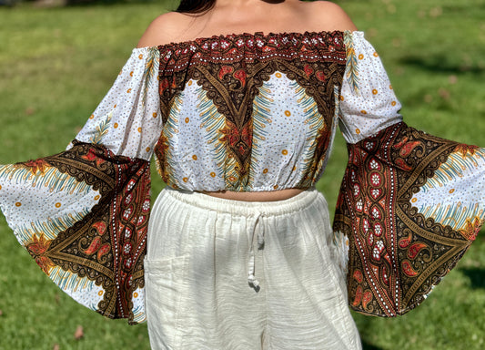 White Freedom Off Shoulder with Flowy Sleeves Crop Top