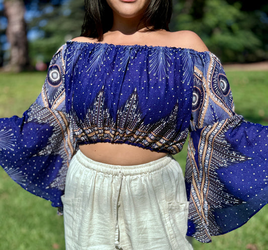 Blue Pleasant Off Shoulder with Flowy Sleeves Crop Top