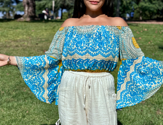 Blue Joy Off Shoulder with Flowy Sleeves Crop Top