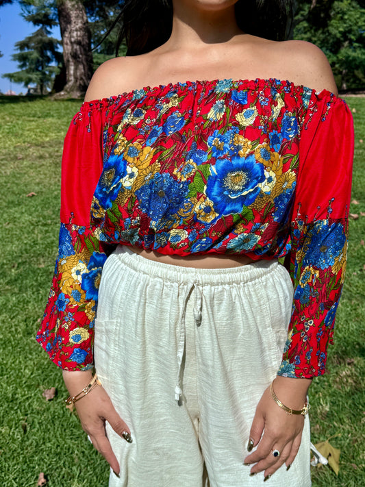 Red Merry Off Shoulder with Flowy Sleeves Crop Top