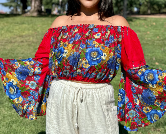 Red Merry Off Shoulder with Flowy Sleeves Crop Top