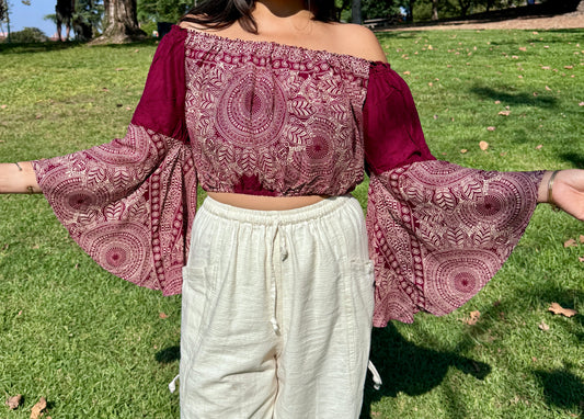 Maroon Abundant Off Shoulder with Flowy Sleeves Crop Top