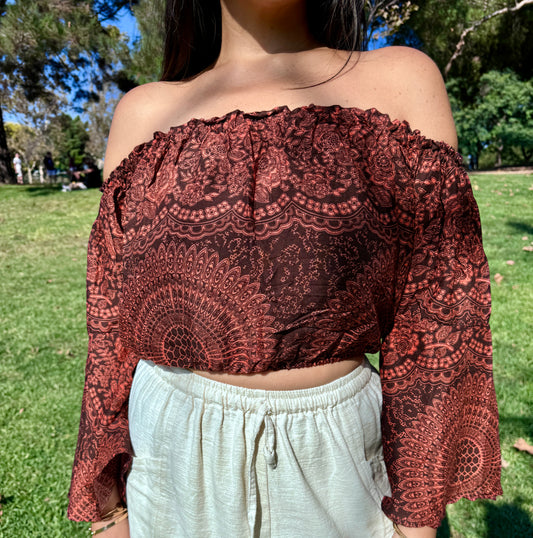 Brown Hearty Off Shoulder with Flowy Sleeves Crop Top