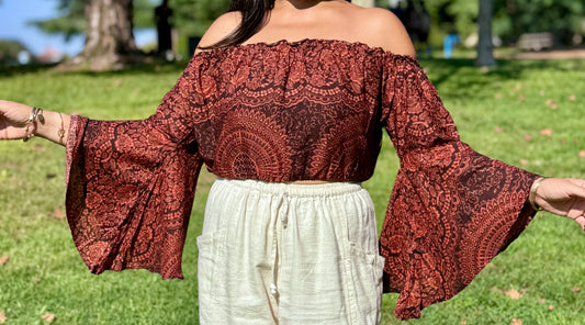 Brown Hearty Off Shoulder with Flowy Sleeves Crop Top