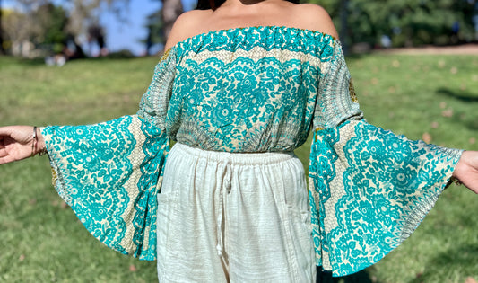 Mint Joy Off Shoulder with Flowy Sleeves Crop Top