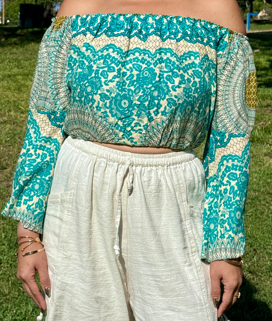 Mint Joy Off Shoulder with Flowy Sleeves Crop Top