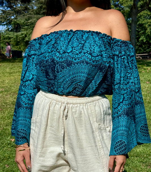 Blue Hearty Off Shoulder with Flowy Sleeves Crop Top