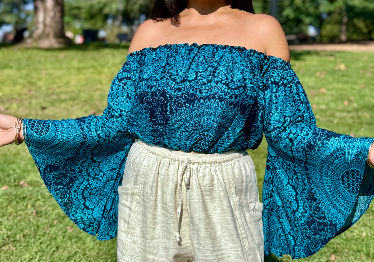 Blue Hearty Off Shoulder with Flowy Sleeves Crop Top