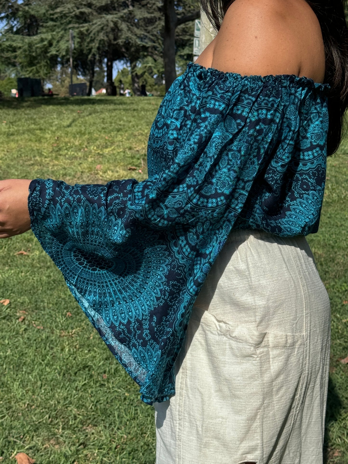 Blue Hearty Off Shoulder with Flowy Sleeves Crop Top