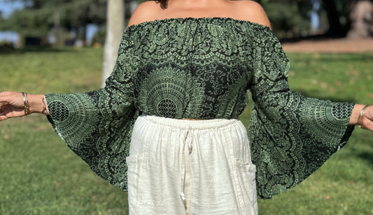 Green Hearty Off Shoulder with Flowy Sleeves Crop Top