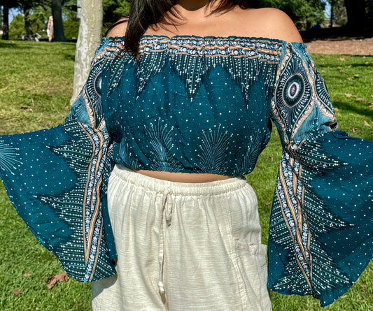 Teal Pleasant Off Shoulder with Flowy Sleeves Crop Top